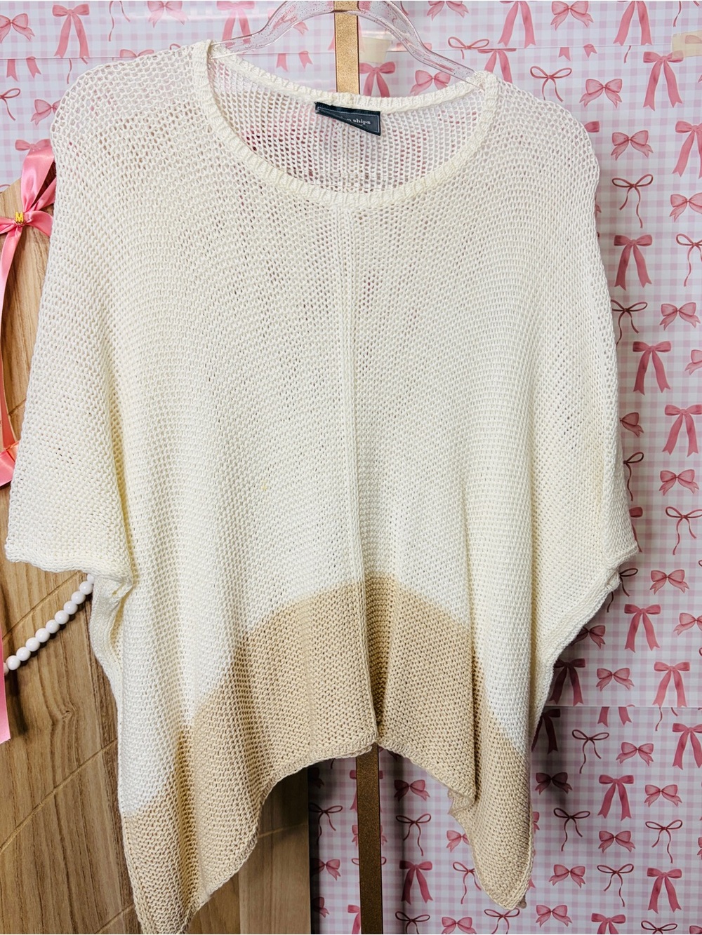 Wooden Ships Cream Beige Colorblock Open-Knit Poncho Coastal Sweater XS Small